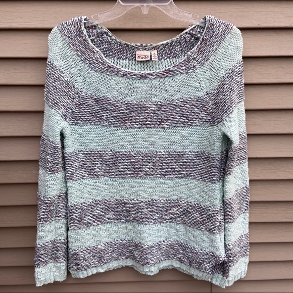 EUC Mudd knit aqua gray striped sweater - Picture 1 of 8